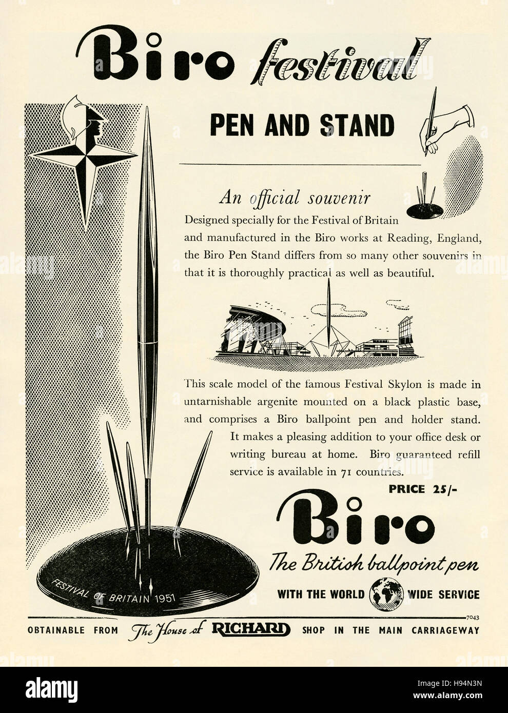 Advert for a Biro ball point pen and stand with a design based on the Skylon, a landmark at the Festival of Britain, 1951 Stock Photo