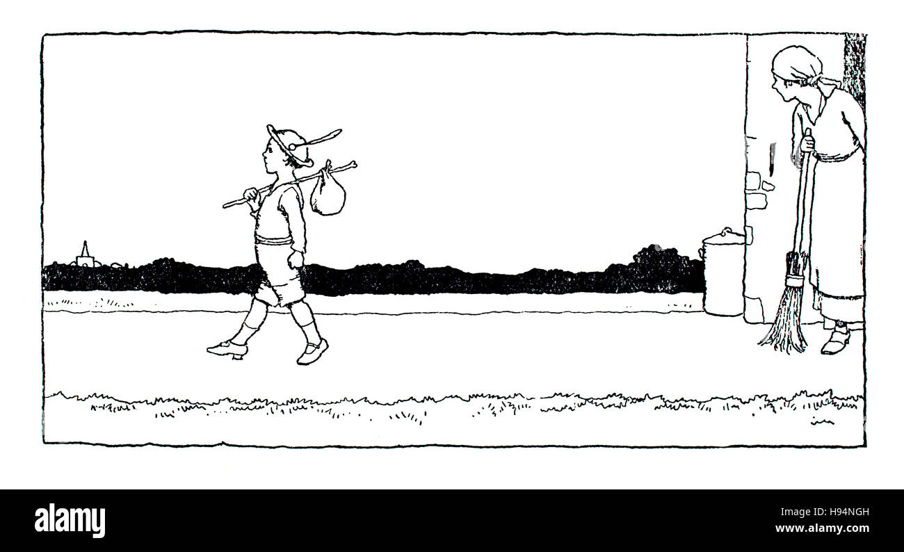 child leaving home with pack tied to pole, Children’s Book Illustration by William Heath Robinson, from 1934 Book of Goblins Stock Photo