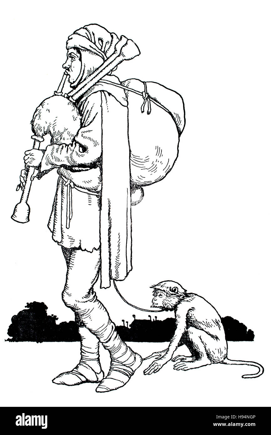 Itinerant bagpipe player with monkey, Children’s Book Illustration by William Heath Robinson, from 1934 Book of Goblins, Hans with the bagpipe Stock Photo