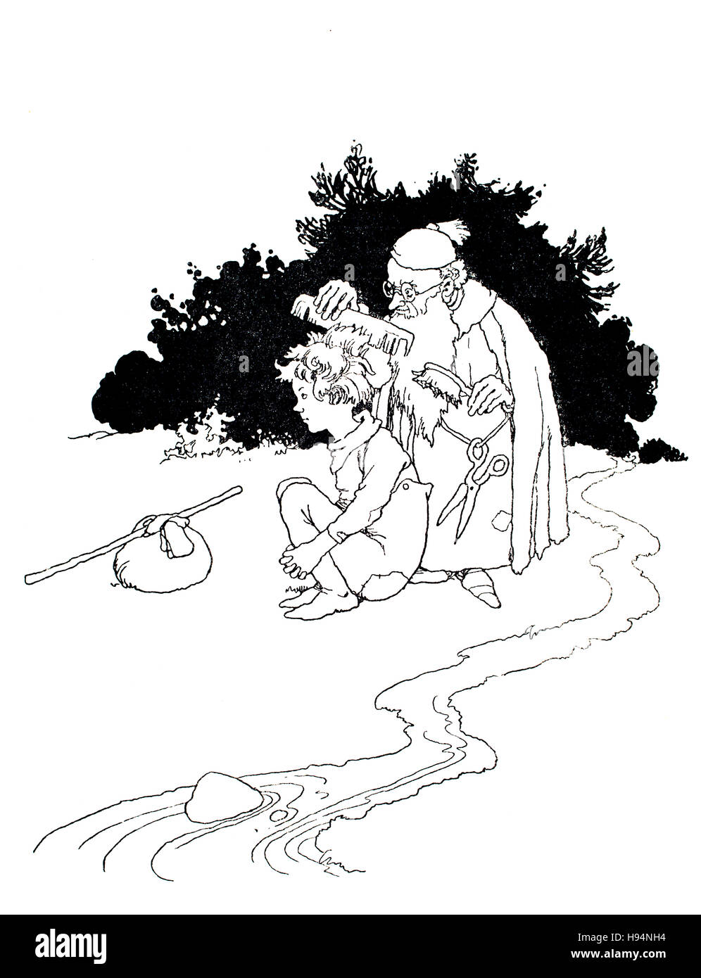 He began to comb poor Gottschalk’s hair, Children’s Book Illustration by William Heath Robinson, from 1934 Book of Goblins, The fairest bride Stock Photo