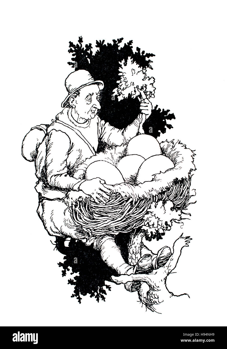 He found some gigantic eggs in the nest, Children’s Book Illustration by William Heath Robinson, from 1934 Book of Goblins, The Thirteen Brothers Stock Photo