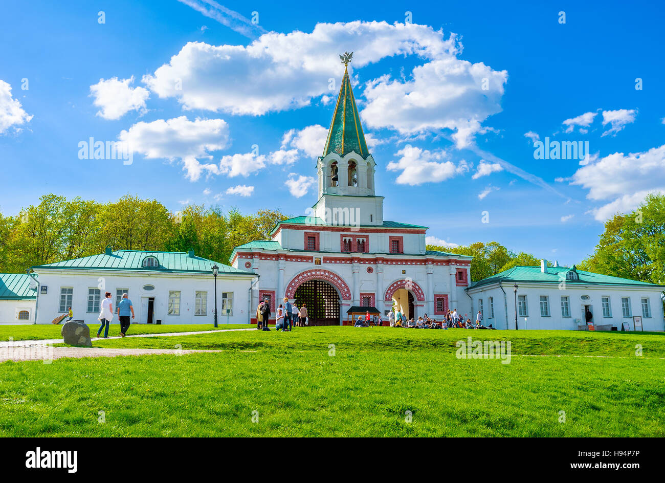 The Front Palace Gate of Kolomenskoye Royal Estate decorated with patterns, tall bell tower with the Double-Headed Eagle Stock Photo