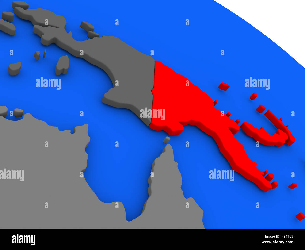Map of Papua New Guinea highlighted in red on a globe. 3D illustration Stock Photo