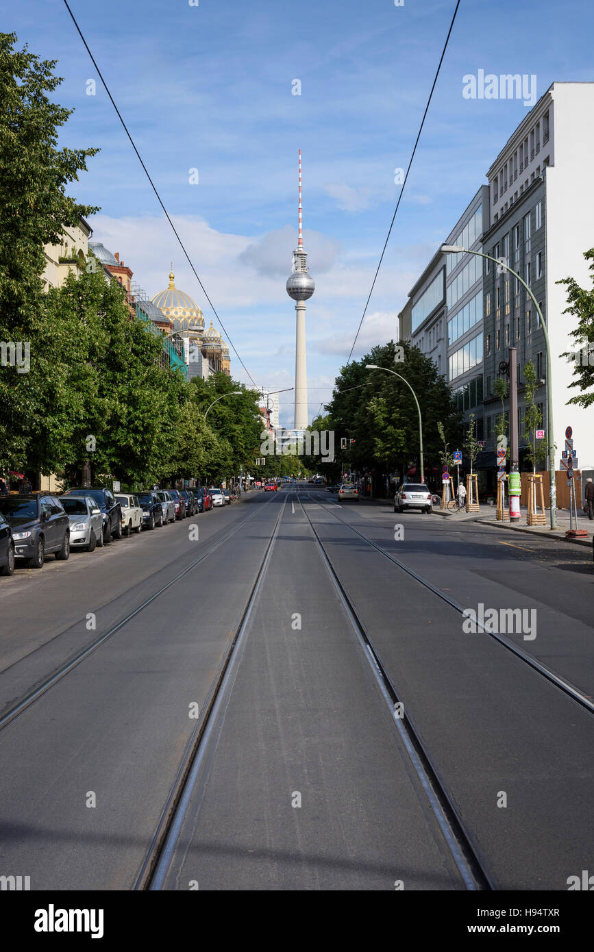 Berlin. Germany. Oranienburger Straße, view towards the Fernsehturm (TV Tower). Stock Photo