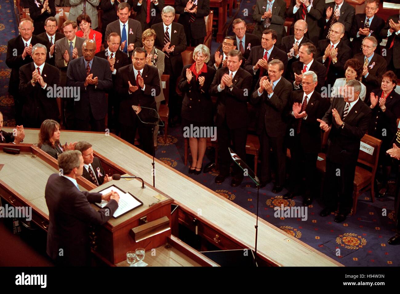 U.S. President George W. Bush delivers an address on the September 11 terrorist attacks to a joint session of Congress at the U.S. Capitol September 20, 2001 in Washington, DC. Stock Photo