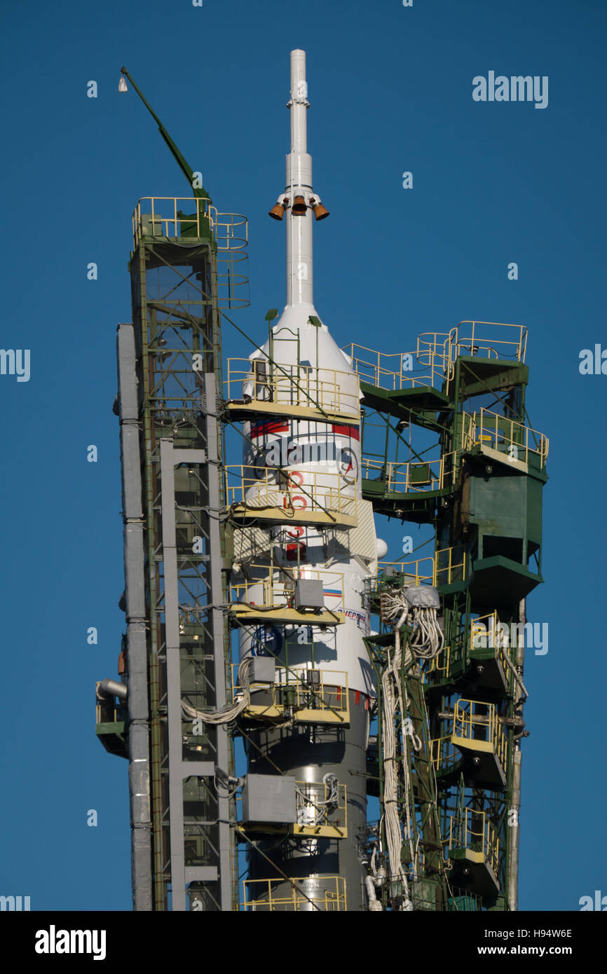 The Russian Soyuz rocket and Soyuz MS-03 spacecraft sits on the Baikonur Cosmodrome launch pad in preparation for the NASA International Space Station Expedition 50-51 mission November 14, 2016 in Baikonur, Kazakhstan. Stock Photo