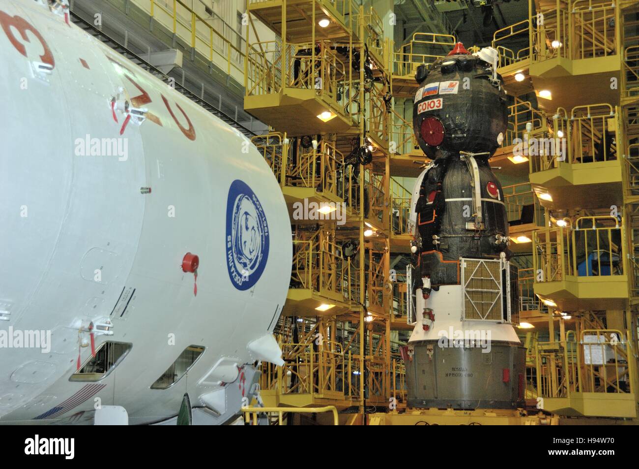 The Russian Soyuz MS-03 spacecraft is prepared for encapsulation for the NASA International Space Station Expedition 50-51 mission at the Baikonur Cosmodrome Integration Facility November 9, 2016 in Baikonur, Kazakhstan. Stock Photo
