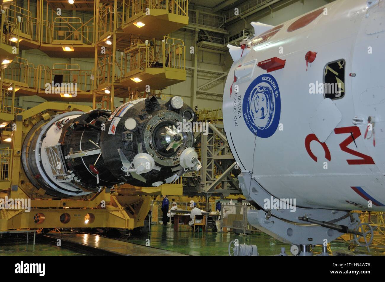 The Russian Soyuz MS-03 spacecraft is prepared for encapsulation for the NASA International Space Station Expedition 50-51 mission at the Baikonur Cosmodrome Integration Facility November 9, 2016 in Baikonur, Kazakhstan. Stock Photo