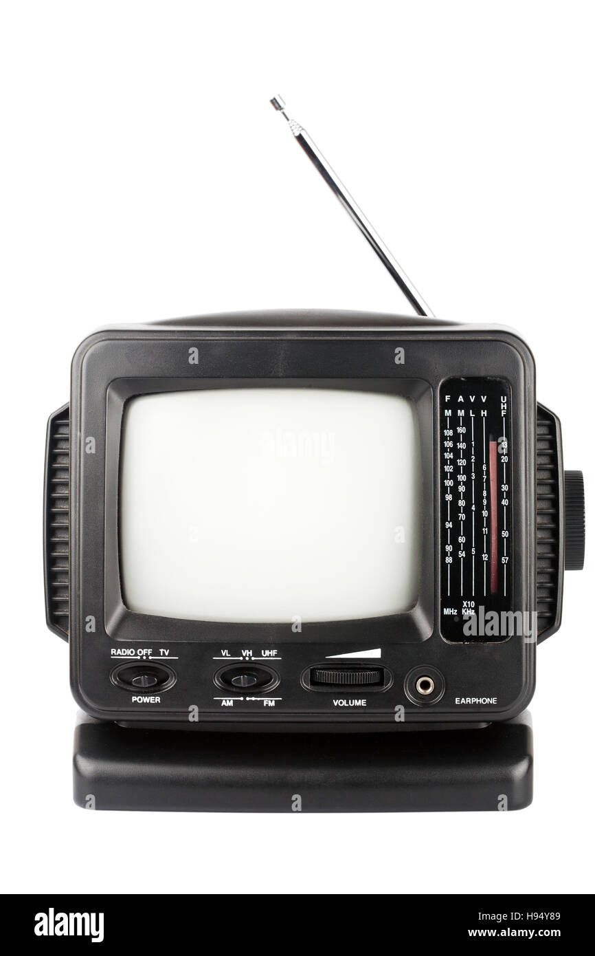 Black portable TV with radio isolated on white Stock Photo Alamy