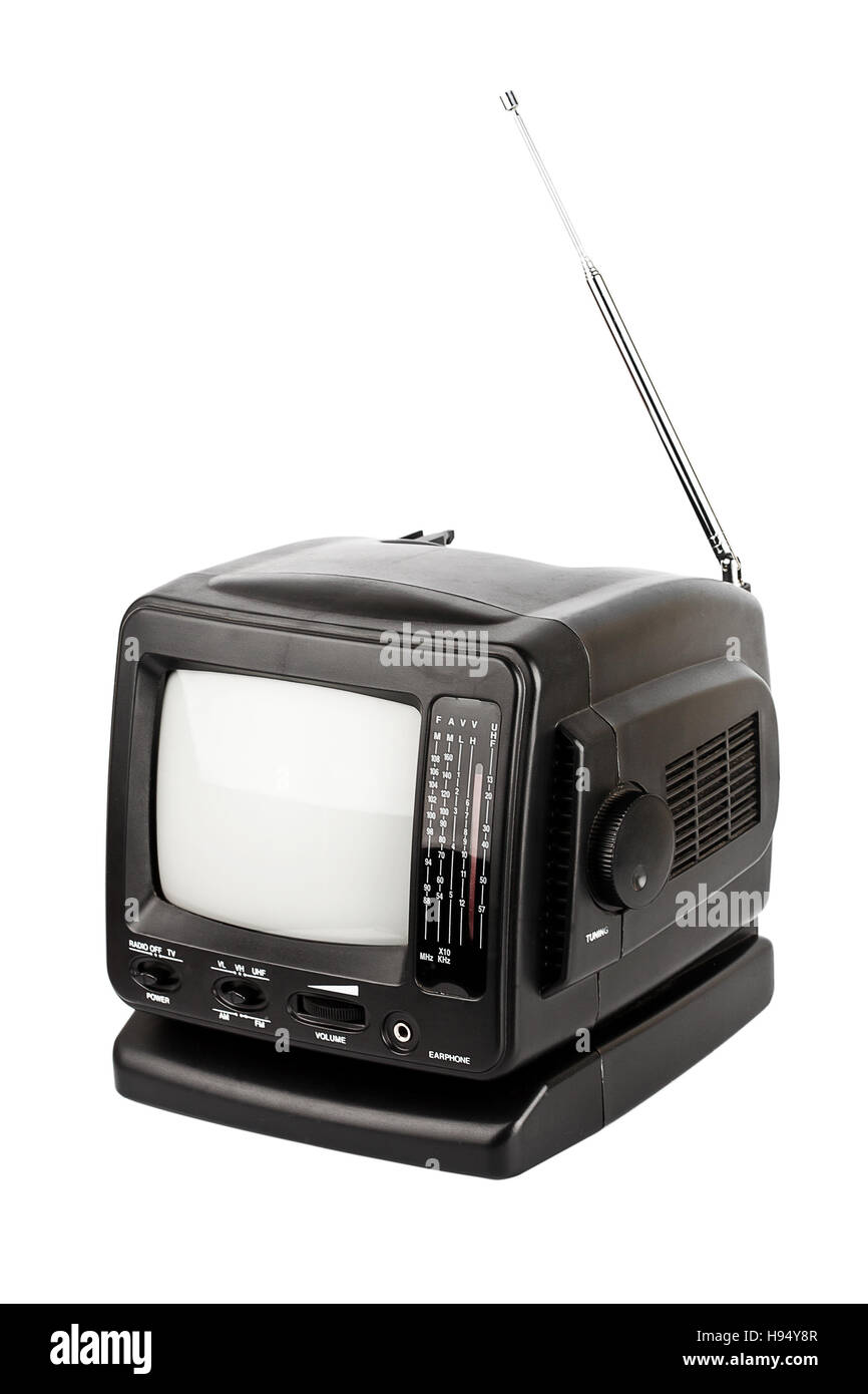 Black portable TV with radio isolated on white Stock Photo - Alamy