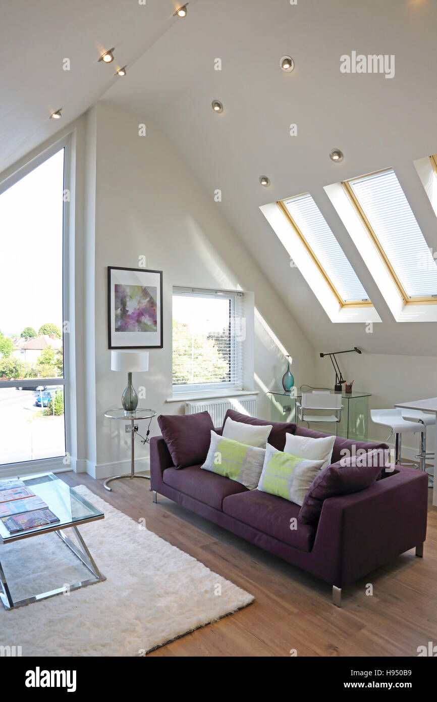 Interior of a modern attic apartment in a new super-insulated residential block shows living area with sofa and angled ceiling Stock Photo