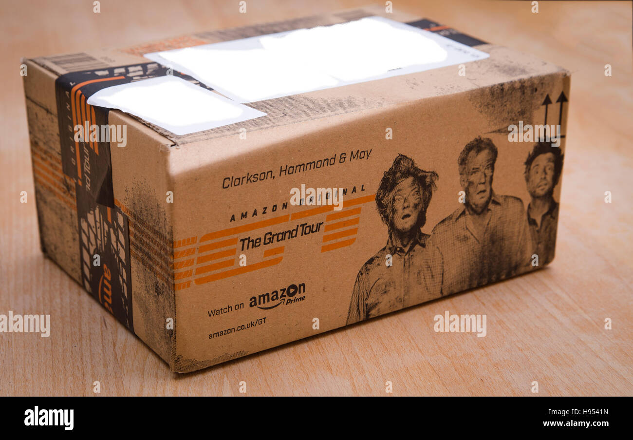 Leeds, UK - 18 November 2016.  Amazon delivery packaging advertising the new car show starring Jeremy Clarkson, Richard Hammond and James May.  The former Top Gear hosts presenting The Grand Tour which is available to watch via Amaxon Prime today. Stock Photo