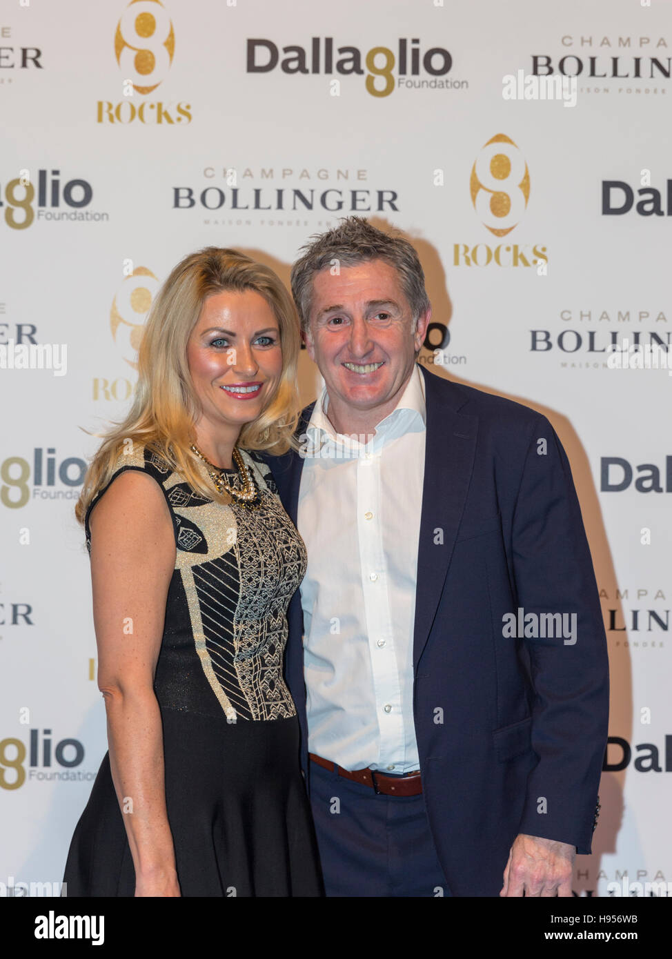 London, UK, 18th Nov 2016. Retired Welsh rugby player Jonathan Davies with wife Helen Jones Davies.  A well attended red carpet as celebrities arrive at the Dallaglio Foundatio '8Rocks' charity fundraising evening, held at Battersea Evolution. The foundation's RugbyWorks initiative aims to support disadvantages young people. Credit:  Imageplotter News and Sports/Alamy Live News Stock Photo