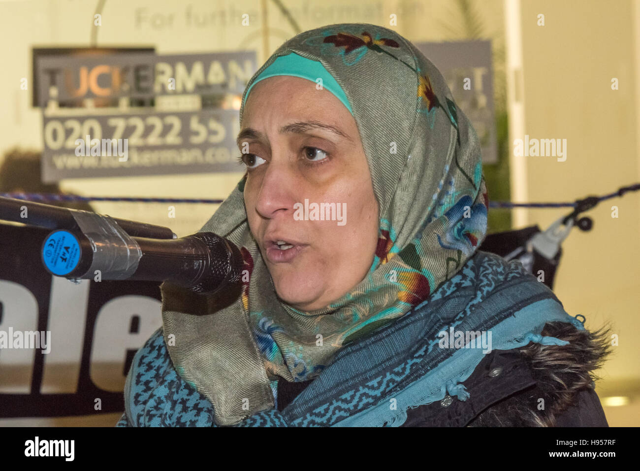 London, UK. 18th November 2016. Laila Sharary, wife of Fayez Shahary, speaks about the arrest of her husband at the protest by human rights group Inminds outside the headquarters of British security company G4S over the abduction by Israel and subsequent torture of British national and father of five Fayez Sharary. Arrested by Israeli forces  on 15 September when leaving the West Bank for Jordan with his wife and youngest child to fly home after a family visit he was tortured for 3 weeks by Israeli secret police to force a confession An Israeli judge declared this worthless and inadmissible an Stock Photo