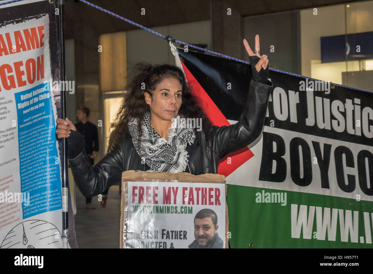 London, UK. 18th November 2016. Human rights group Inminds protested outside the headquarters of British security company G4S over the abduction by Israel and subsequent torture of British national and father of five Fayez Sharary. Arrested by Israeli forces  on 15 September when leaving the West Bank for Jordan with his wife and youngest child to fly home after a family visit he was tortured for 3 weeks by Israeli secret police to force a confession An Israeli judge declared this worthless and inadmissible and ordered his release but he is still held in the Ofer prison secured by G4S. Fayez's Stock Photo