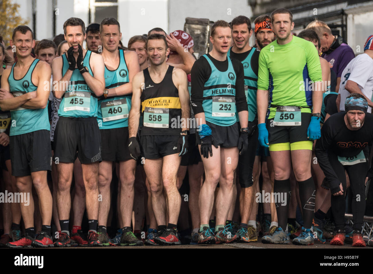 Kendal Cumbria UK, 19th November 2016,Sport news, Kendal mountain festival 10k trail run gets under way. A packed Kendal watches as the runners get underway.copyright Gary Telford/Alamy live news Stock Photo