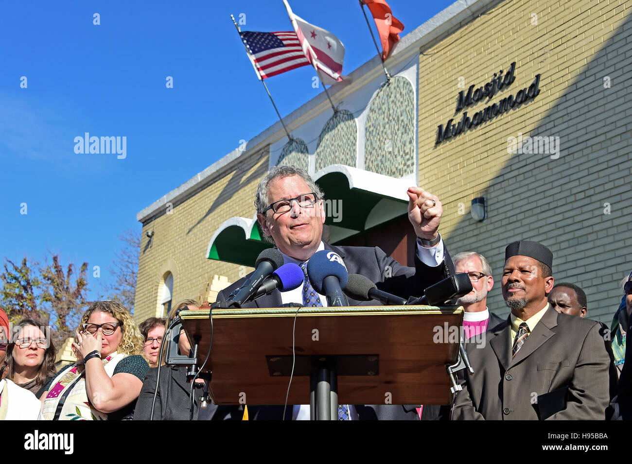 Washington, Us. 18th Nov, 2016. Rabbi Jack Moline, (pictured) President of Interfaith Alliance, speaks at a press conference calling on President-elect Donald Trump to respect religious liberty. In the aftermath of the election and in response to the rising hate crimes against Muslims, national Christian and Jewish leaders joined their Muslim colleagues at Masjid Muhammad in Washington, DC on Friday, November 18, 2016 for the daily Muslim prayer service. Credit: Ron Sachs/CNP - NO WIRE SERVICE - Credit:  dpa/Alamy Live News Stock Photo