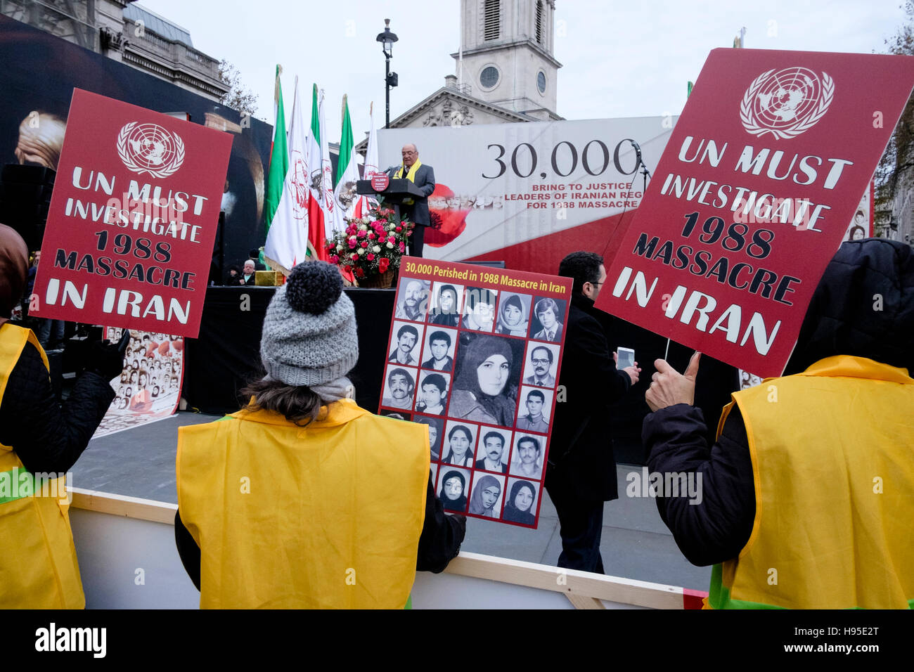 Iranian demonstrators protest against detention and murder of political prisoners by the authorities in Iran. London, UK. Stock Photo