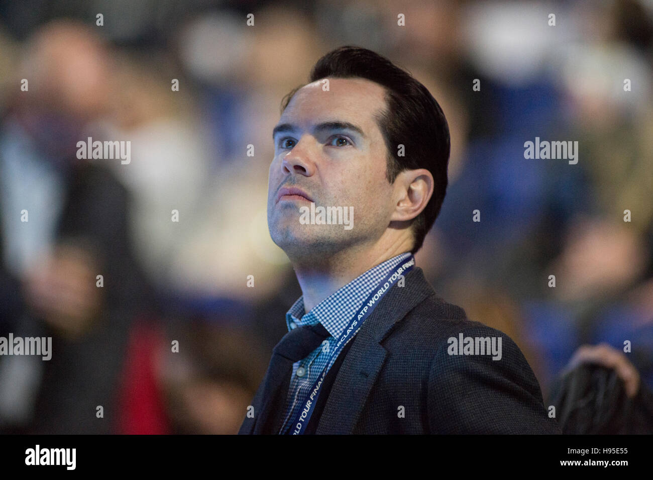 The O2, London, UK. 19th November, 2016. Day 7 singles semi-final match, Andy Murray (GBR) defeats Milos Raonic (CAN) in the longest best-of-three set matches at 3hrs 38mins in the ATP World Tour Finals since 1991 when times were first recorded. Jimmy Carr watching the match. Murray previously completed the longest match defeating Nishikori on 16th November, Day 4, taking 3hrs 20mins.  Credit:  sportsimages/Alamy Live News. Stock Photo