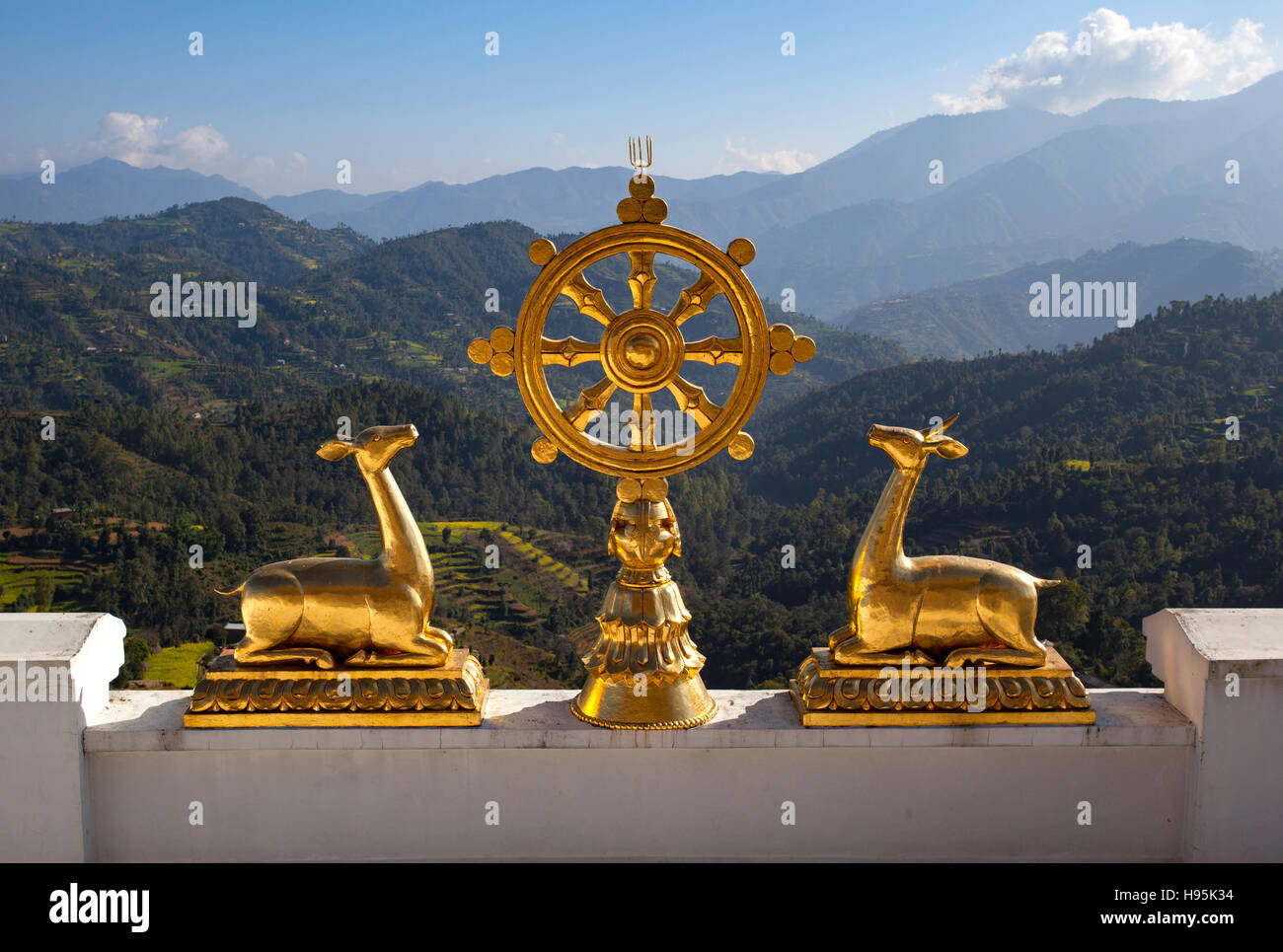 The Wheel of Dharma (Dharmacakra) of the Thrangu Tashi Yangtse Buddhist monastery in Namo Buddha. Nepal. Stock Photo