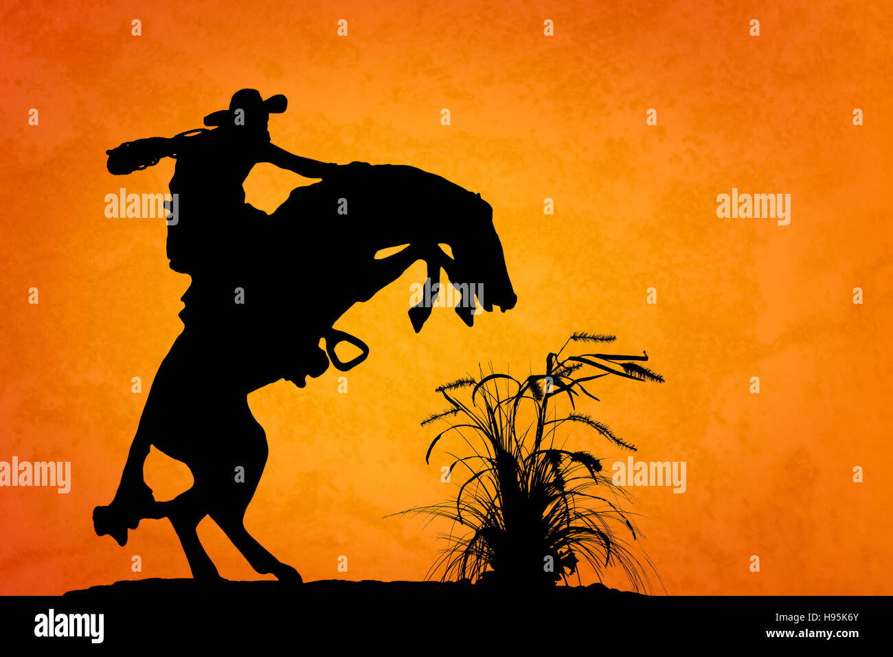 Silhouette of cowboy reigning bucking bronco spooked by something in the nearby sagebrush. Sunset orange textured background. Stock Photo