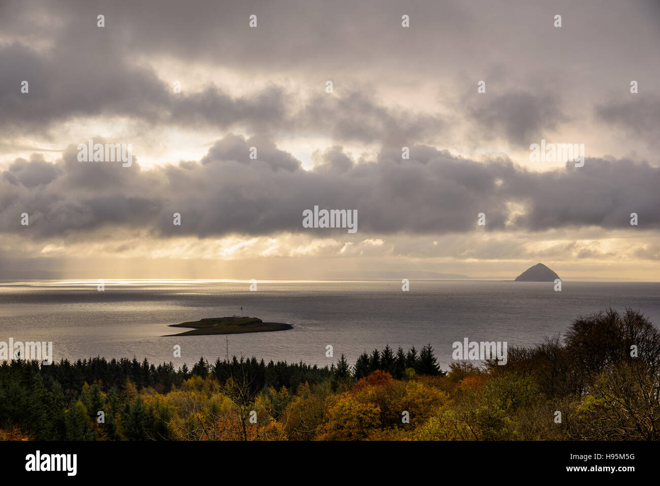 View of islands of Pladda and Ailsa Craig from the south coast of Isle
