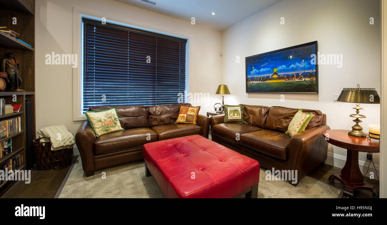 North America, Canada, Ontario, living room with leather sofa Stock Photo