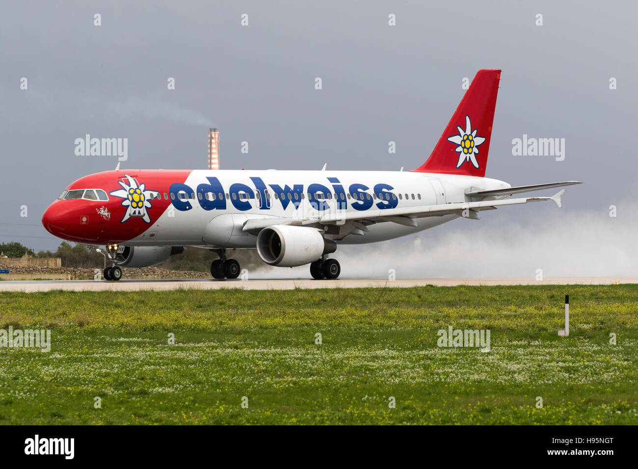 Edelweiss Air Airbus A320-214 [HB-IHX] taking off for a test flight after servicing at Lufthansa Technik Malta. Stock Photo