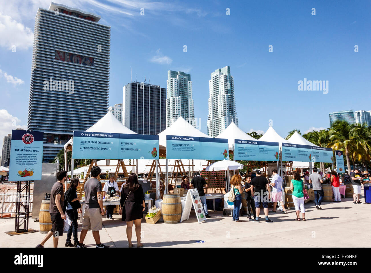 Miami Florida,Bayfront Park,Chipotle Cultivate Festival,vendors,booths,stalls,desserts,high rise condominiums,city skyline,FL161113068 Stock Photo
