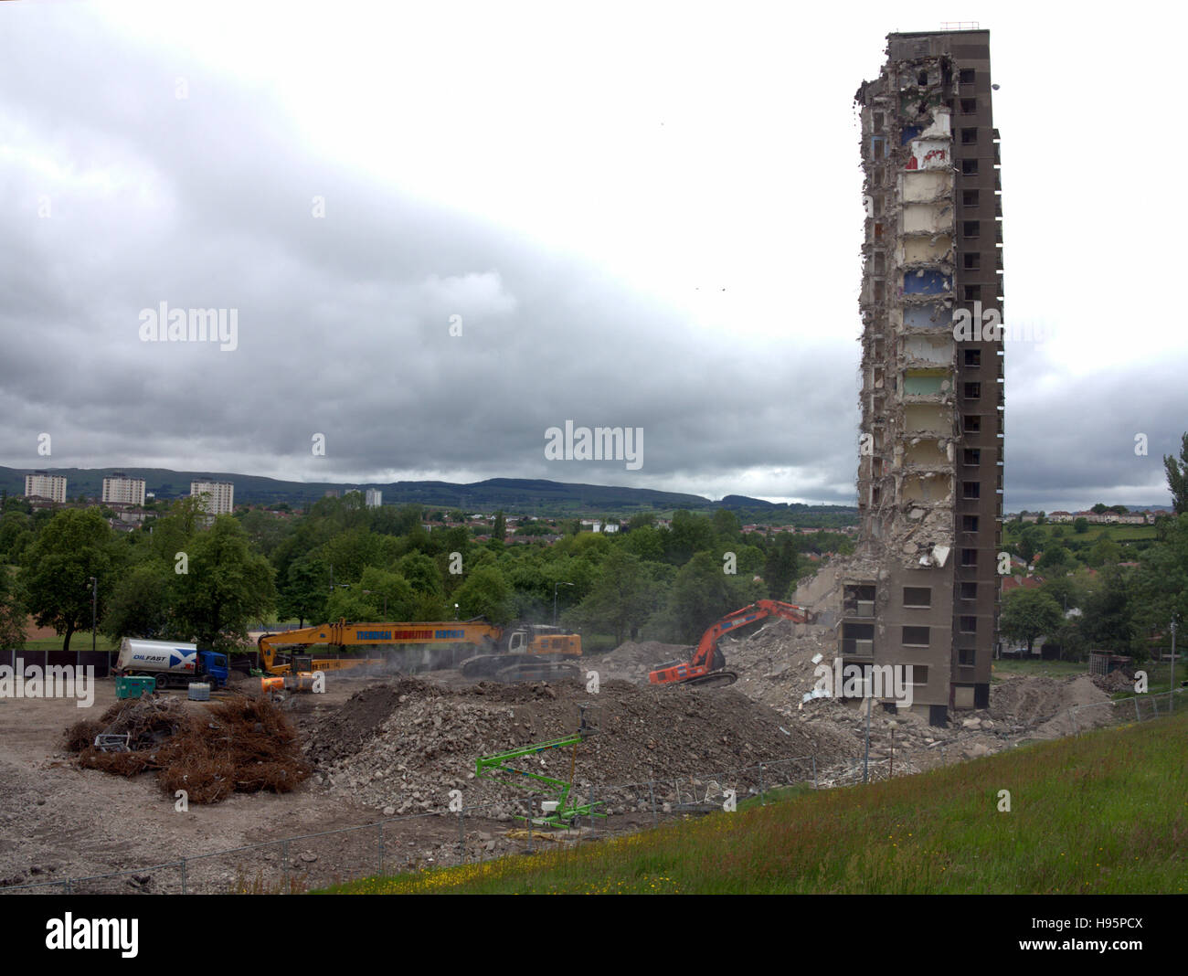 Demolishing of Glasgow tower blocks high flats or skyscrapers Stock ...