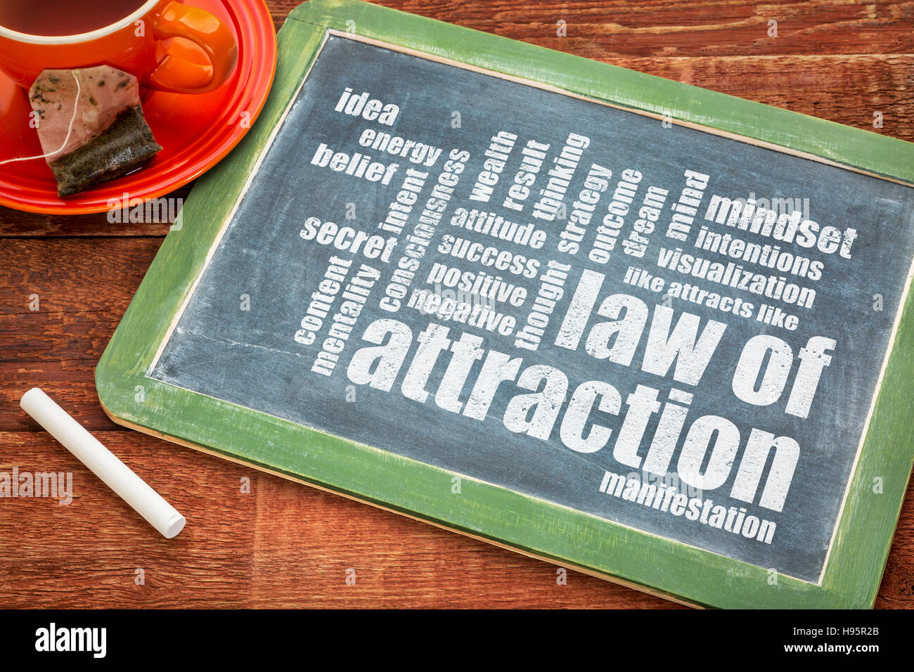 law of attraction word cloud on a slate blackboard with a white chalk and tea Stock Photo