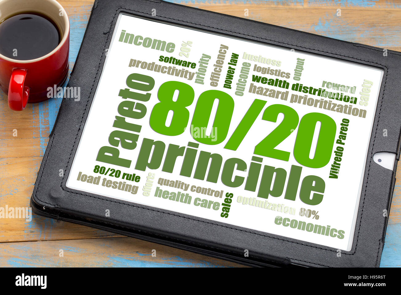 Pareto principle or eighty-twenty rule - word cloud on a digital tablet with a cup of coffee Stock Photo