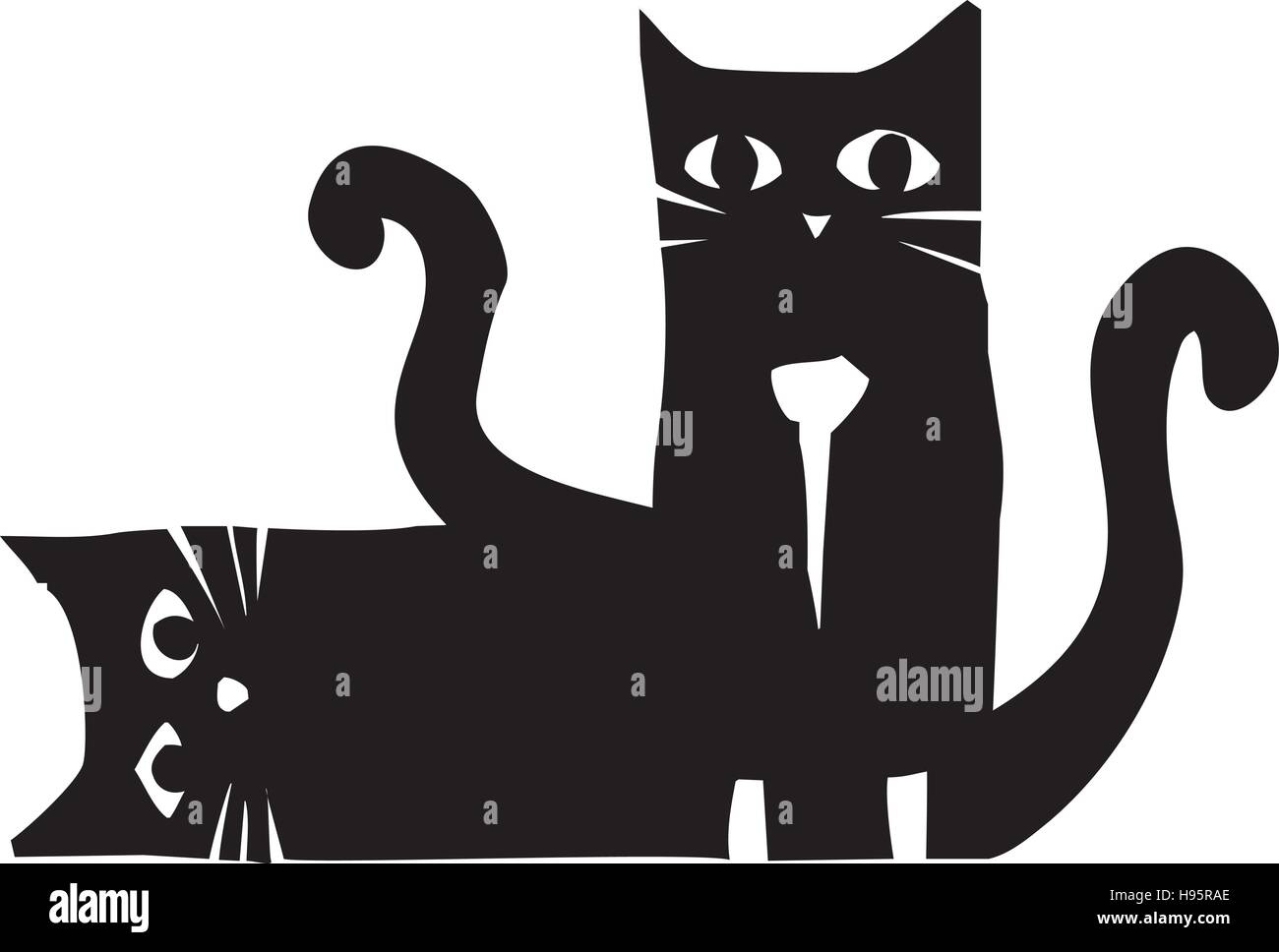Two Cute Black Cats And Bird Stock Illustration - Download Image