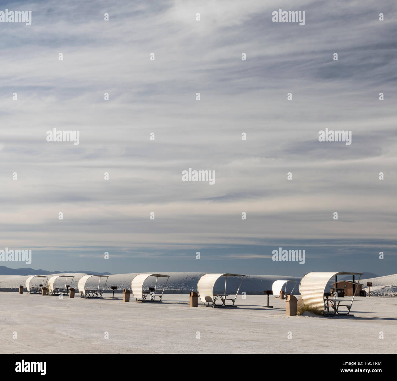 Row of shelters at picnic area, White Sands National Monument near Alamogordo, New Mexico, USA Stock Photo
