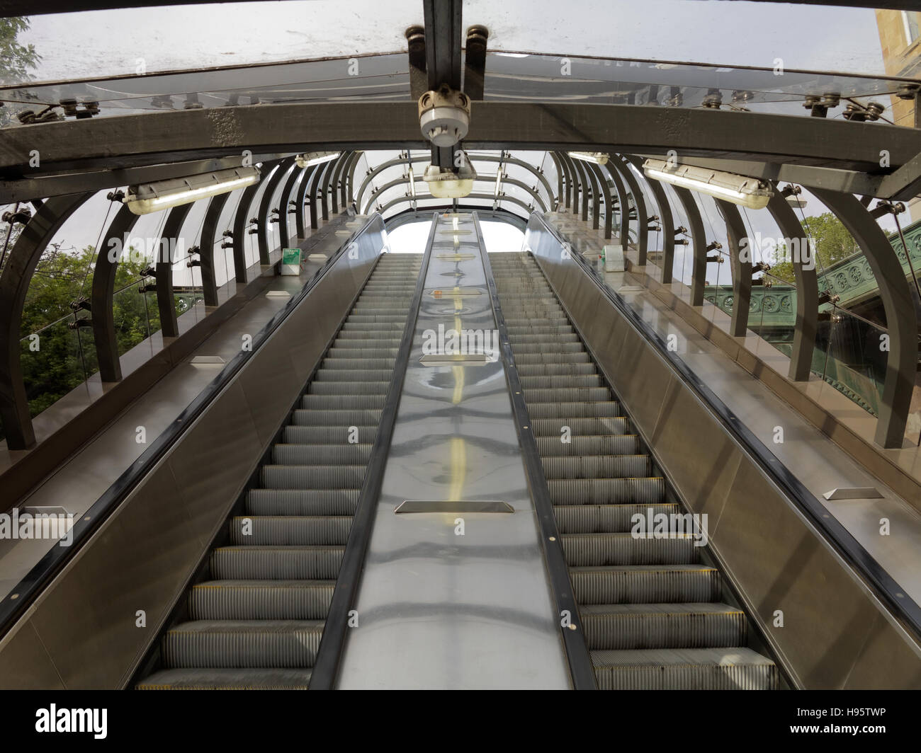 Glasgow underground or Subway escalator entrance to Kelvinbridge station Stock Photo