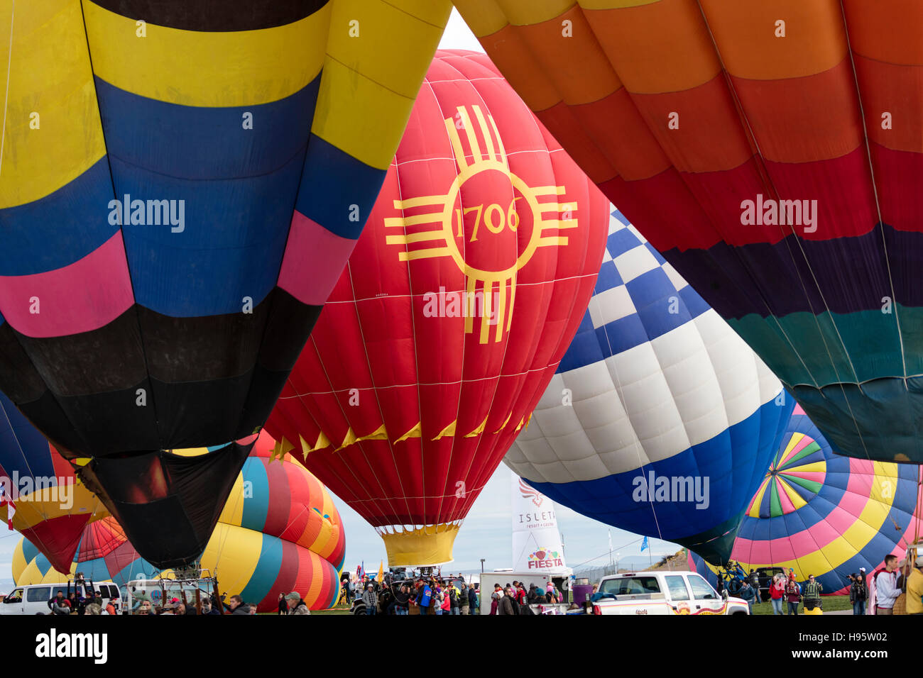 Hot air balloons preparing for early morning mass ascension at Albuquerque International Balloon Fiesta, New Mexico Stock Photo