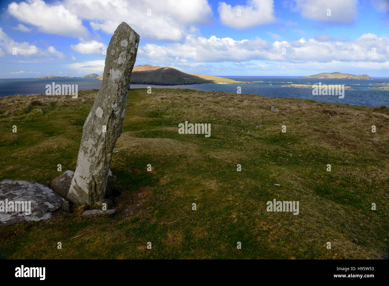 ogham stone slea head rugged atlantic coast coastline Dingle peninsula County Kerry Ireland Wild Atlantic Way RM Ireland Stock Photo