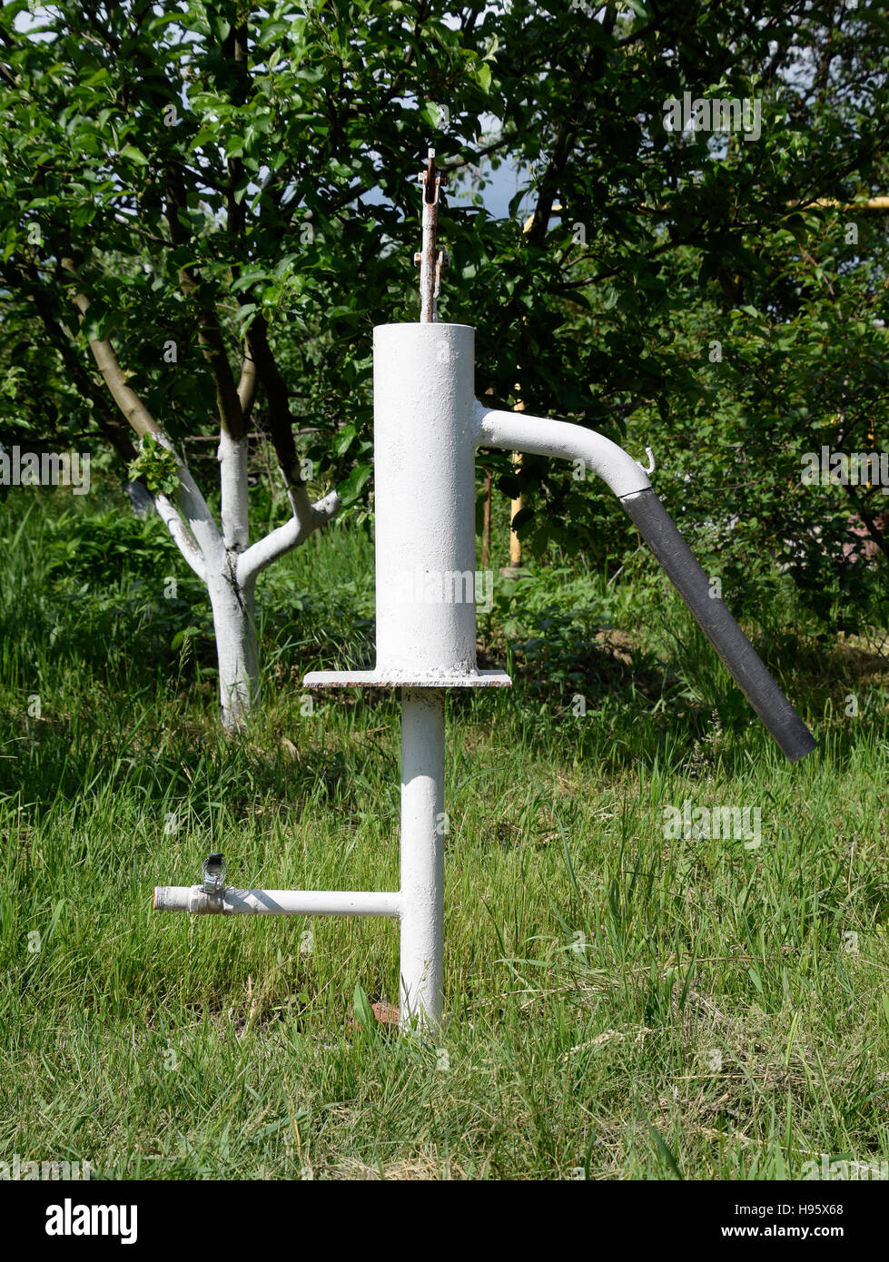 Hand pump leading to an artesian well. Pumping water for watering the