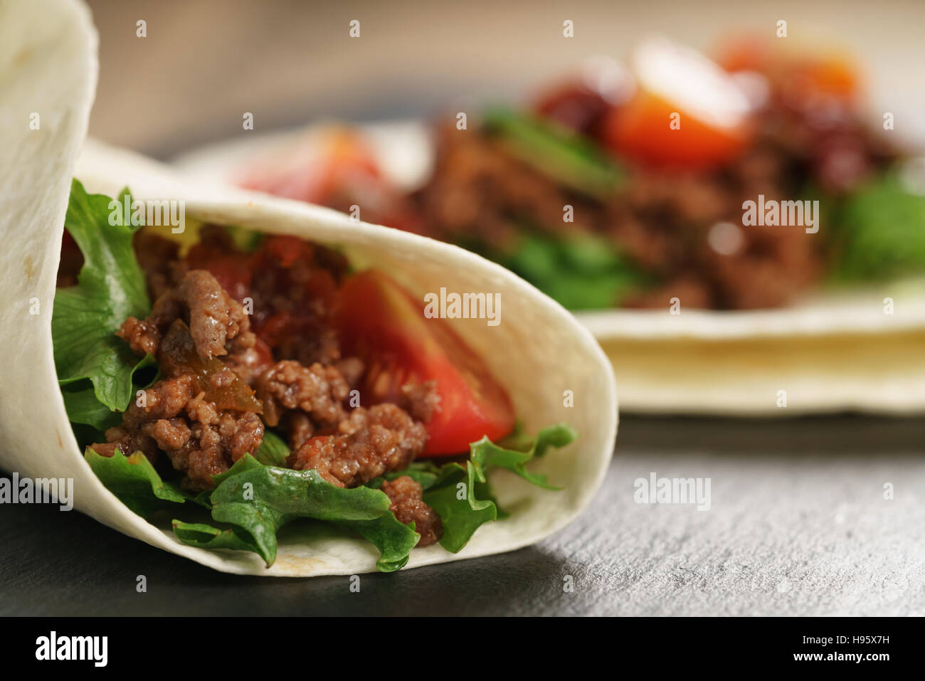 homemade tortilla with beef, frillice and vegetables Stock Photo