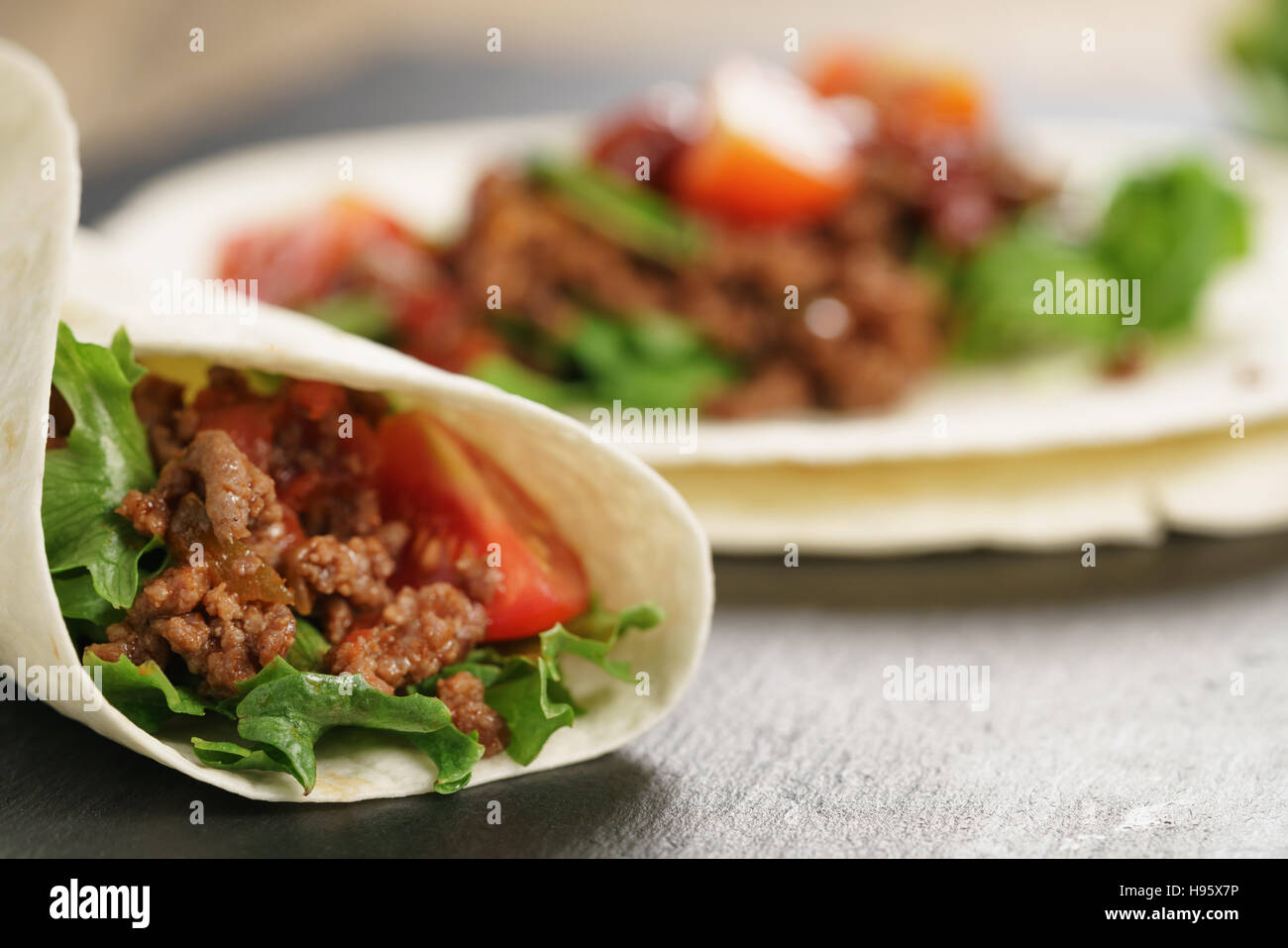 homemade tortilla with beef, frillice and vegetables Stock Photo