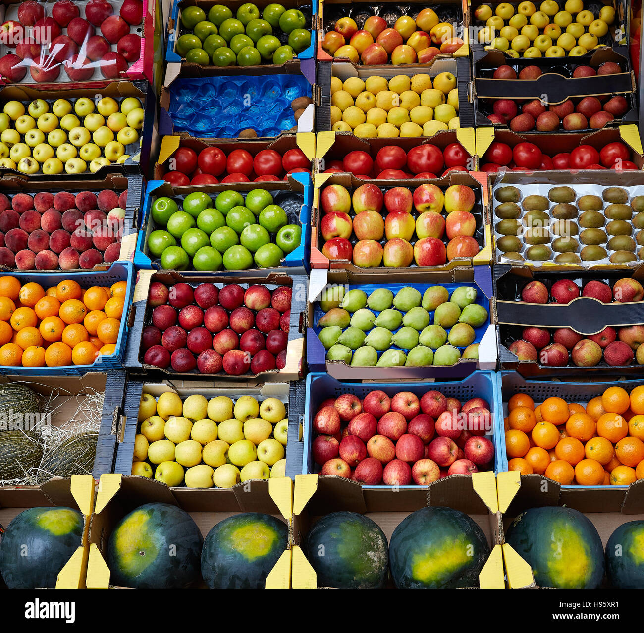 Fruits background in boxes display at market in spain Stock Photo - Alamy
