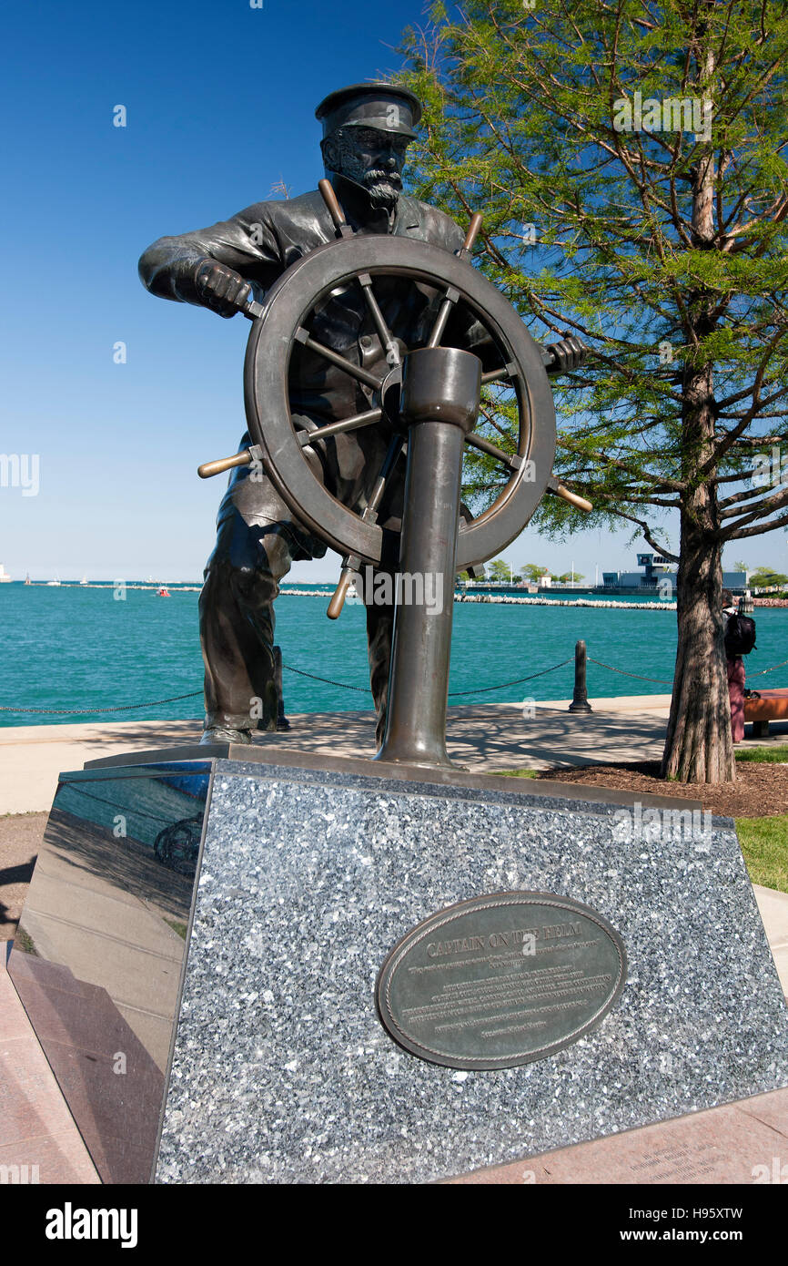 Captain on the Helm bronze statue by Navy Pier Chicago Illinois USA