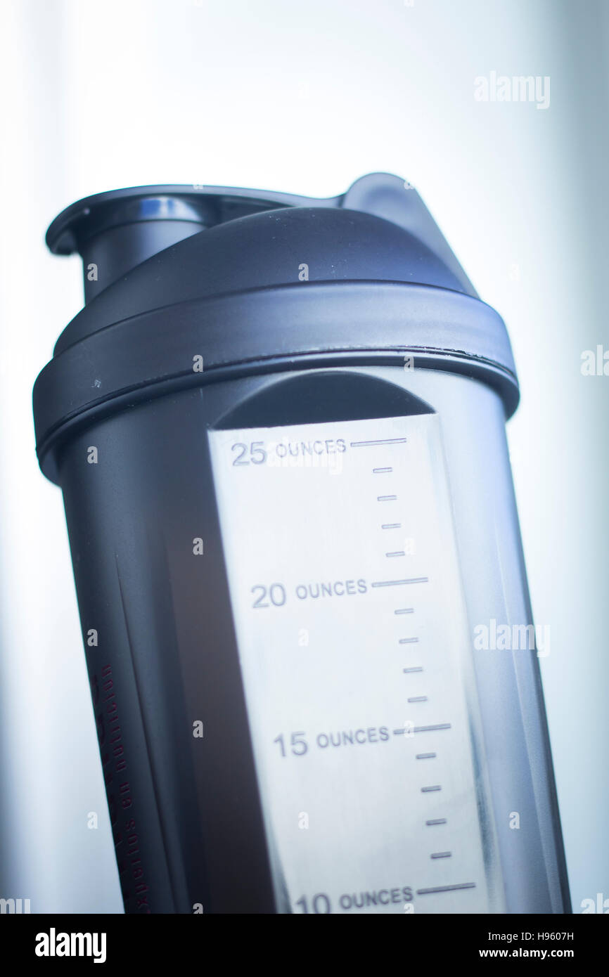 Protein shake shaker used to mix whey powder, glutamine, creatine and
