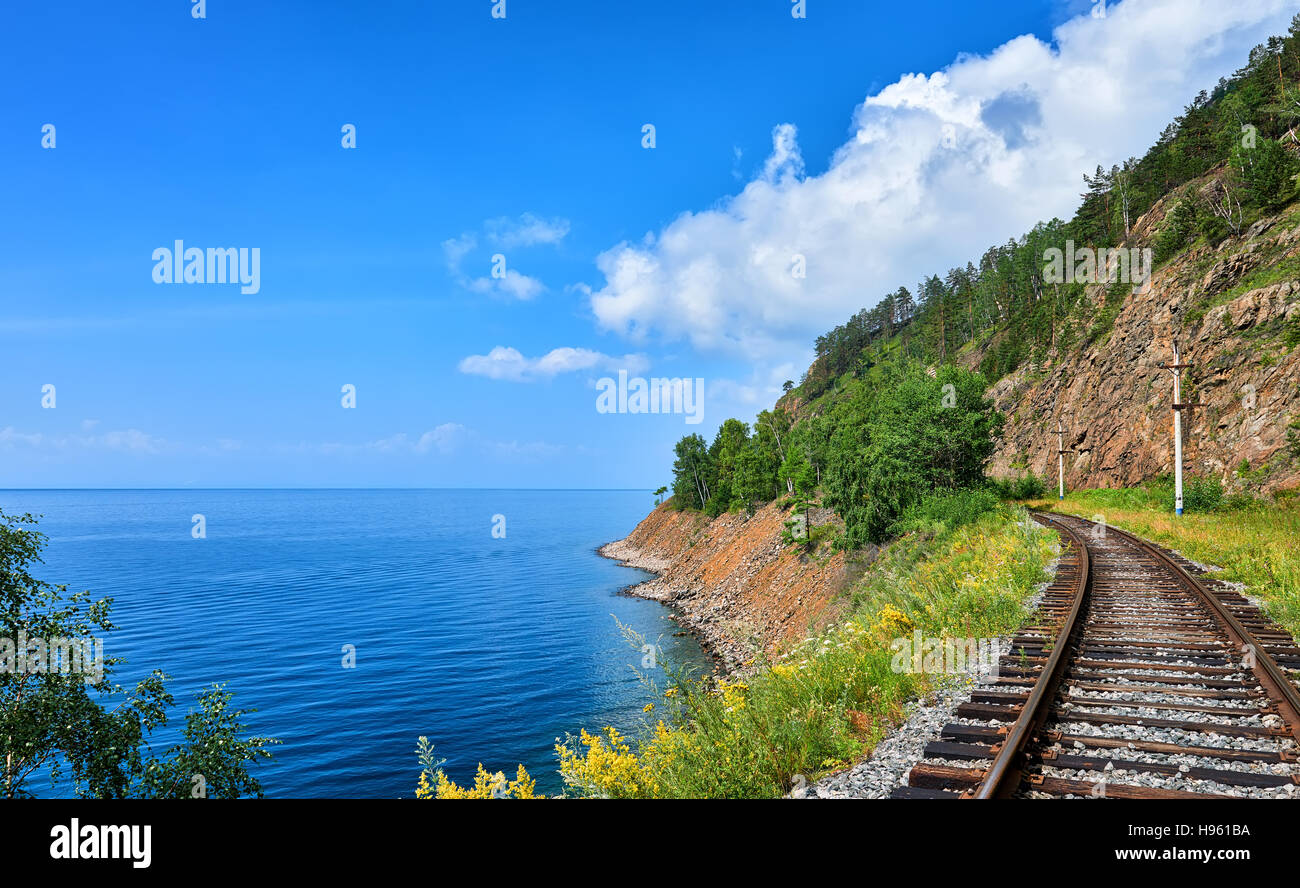 Plot Circum-Baikal railway near steep bank of Lake Baikal. Irkutsk region. Siberia. Russia Stock Photo