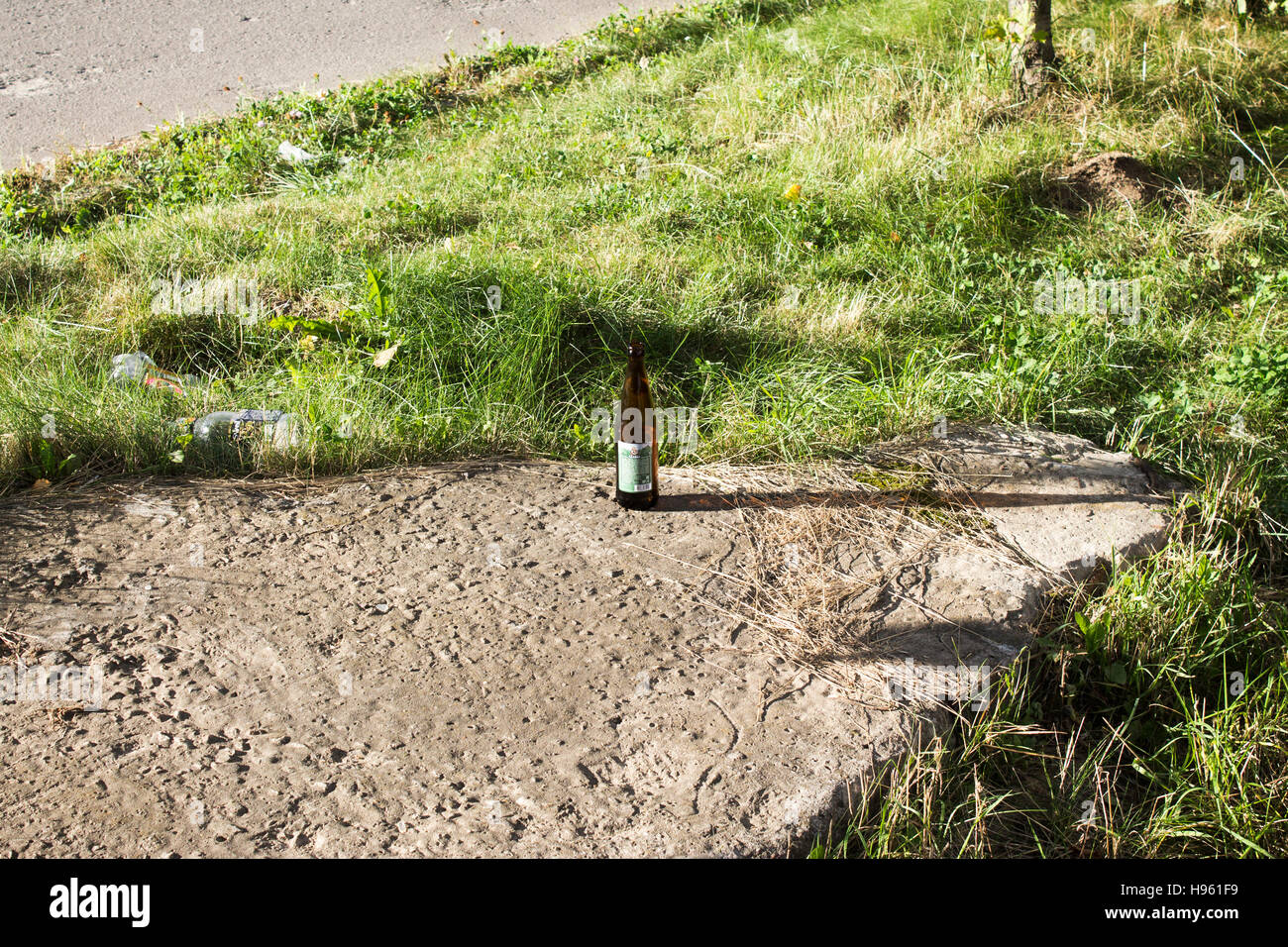 bottle of beer on the ground Stock Photo Alamy