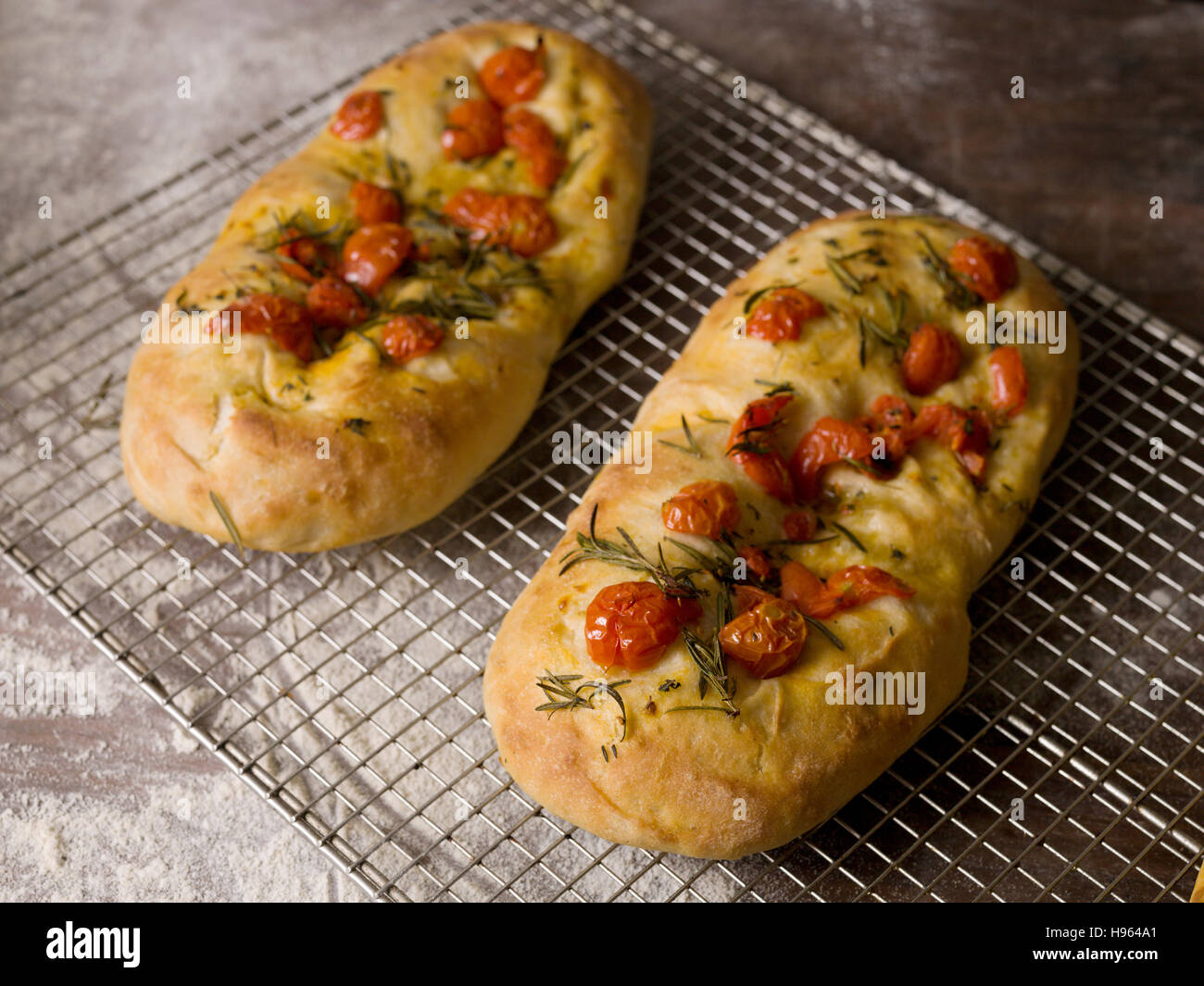 Ciabatta pizza bread tomatoes, rosemary Artisan bakery Stock Photo