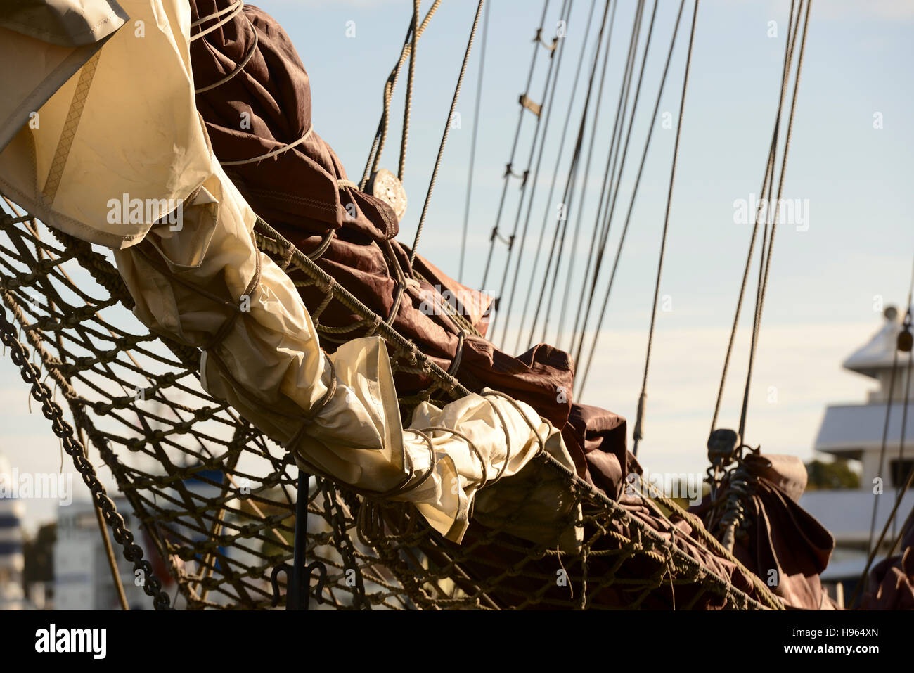 bowsprit of the sailing ship against blue sky Stock Photo