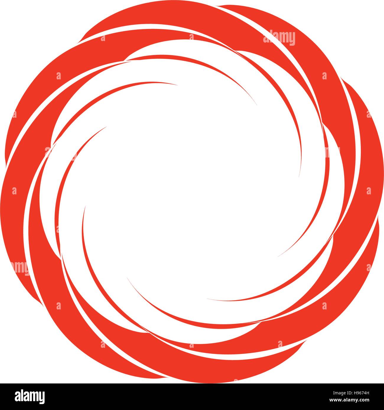 Isolated abstract red color circular sun logo. Round shape logotype. Swirl, tornado and hurricane icon. Spining hypnotic spiral sign. Photo lens symbol. Vector wheel illustration. Stock Vector