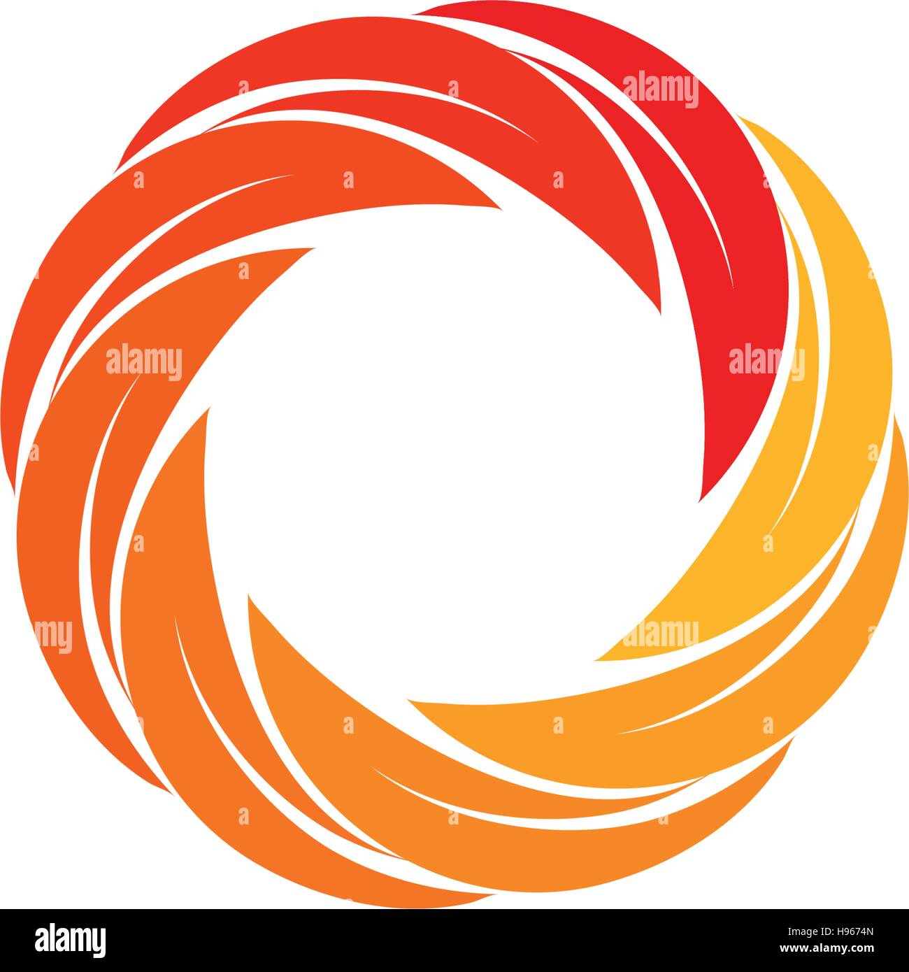 Isolated abstract red,orange,yellow circular sun logo. Round shape logotype. Swirl, tornado and hurricane icon. Spining hypnotic spiral sign. Photo lens symbol. Vector wheel illustration. Stock Vector