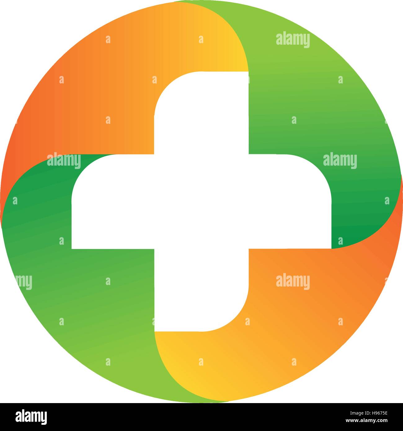 Green and orange vector medical cross logo. Round shape logotype. Religious sign. Doctor s office emblem. Ambulance label. First aid symbol. Plus button. illustration. Stock Vector